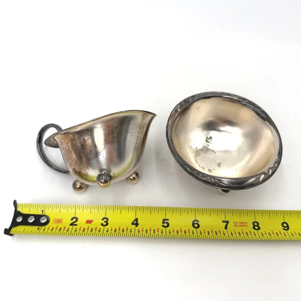 Vintage Silverplate Footed‎ Creamer and Sugar Bowl Set Floral Etched Ball Feet